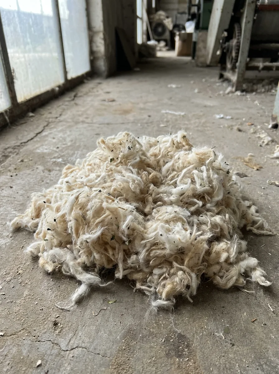 Carding waste: short, tangled fiber with small trash specks